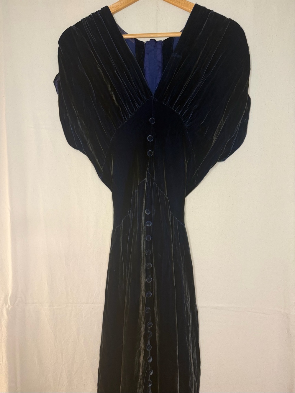 True Vintage Handmade Elegant Blue Velvet Long Dress with Button Front - Picture 2 of 7